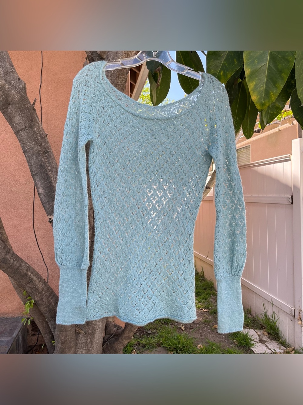 Baby Blue Open Knit Eyelet Sweater.